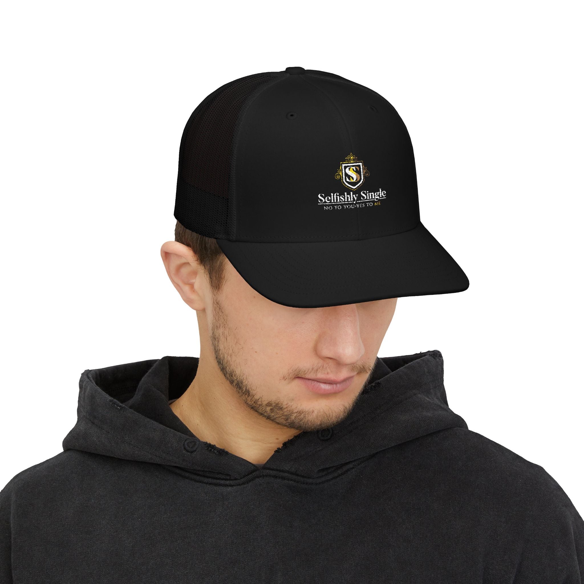 Selfishly Single Trucker Cap — Embroidered Snapback Mesh Hat