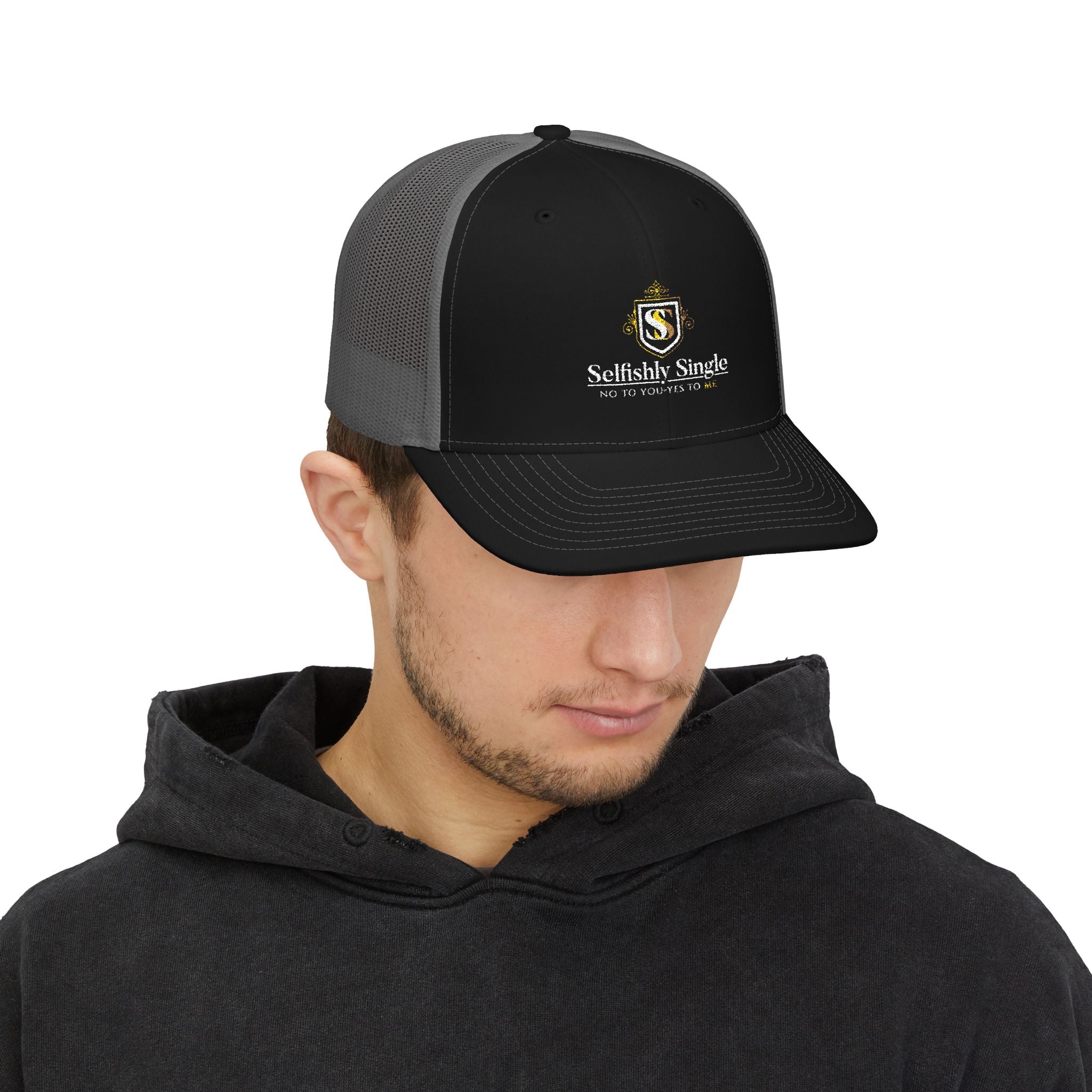 Selfishly Single Trucker Cap — Embroidered Snapback Mesh Hat