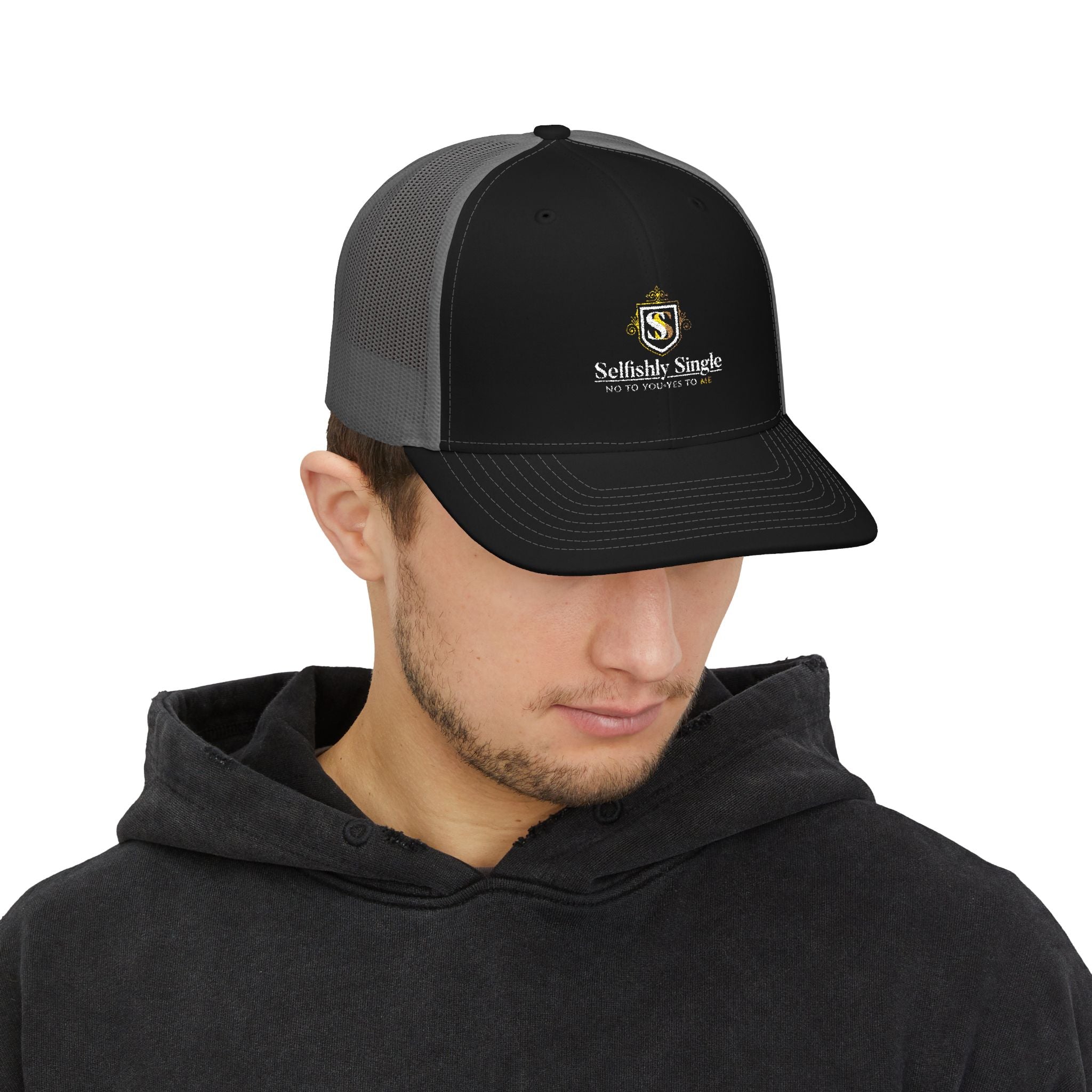 Selfishly Single Trucker Cap — Embroidered Snapback Mesh Hat