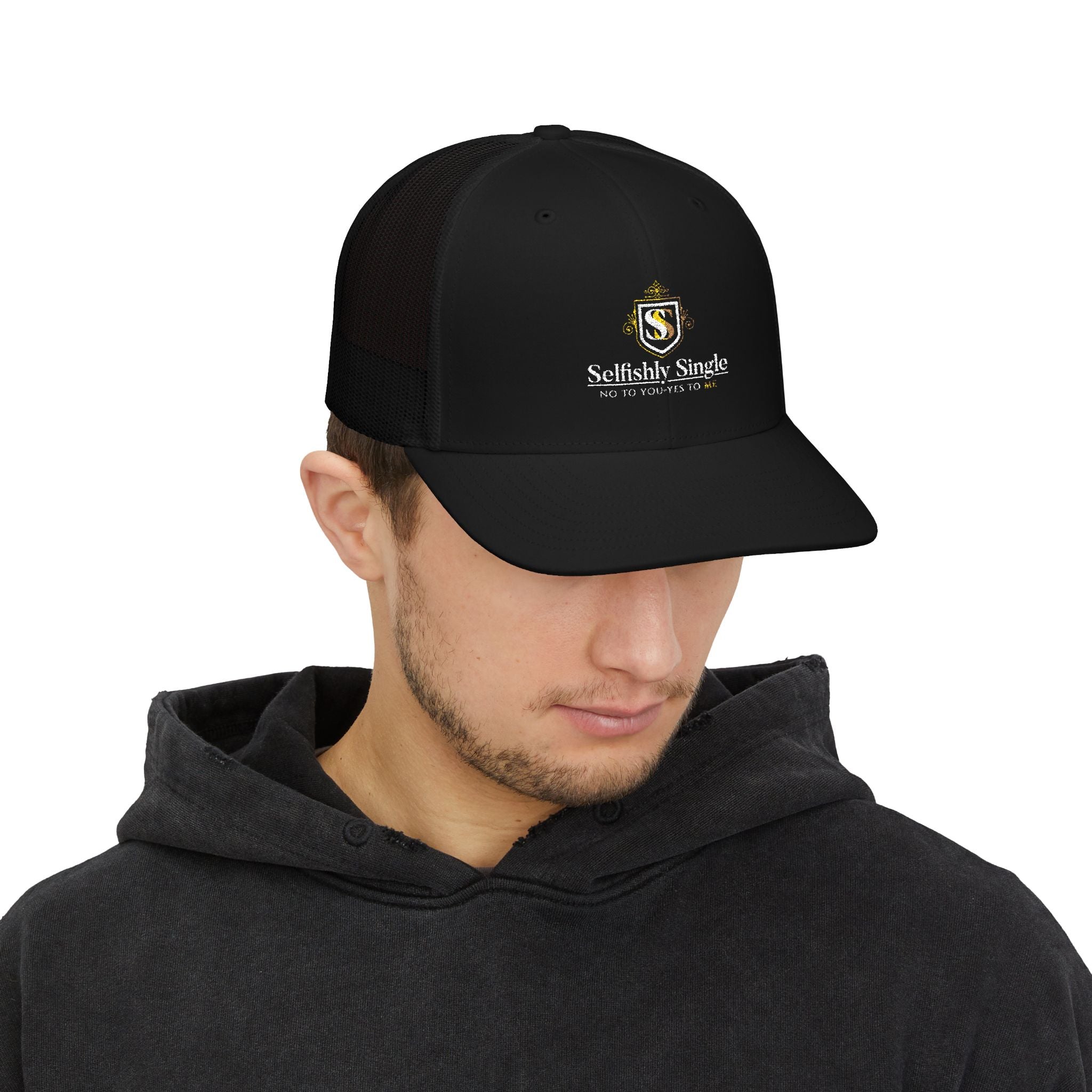 Selfishly Single Trucker Cap — Embroidered Snapback Mesh Hat